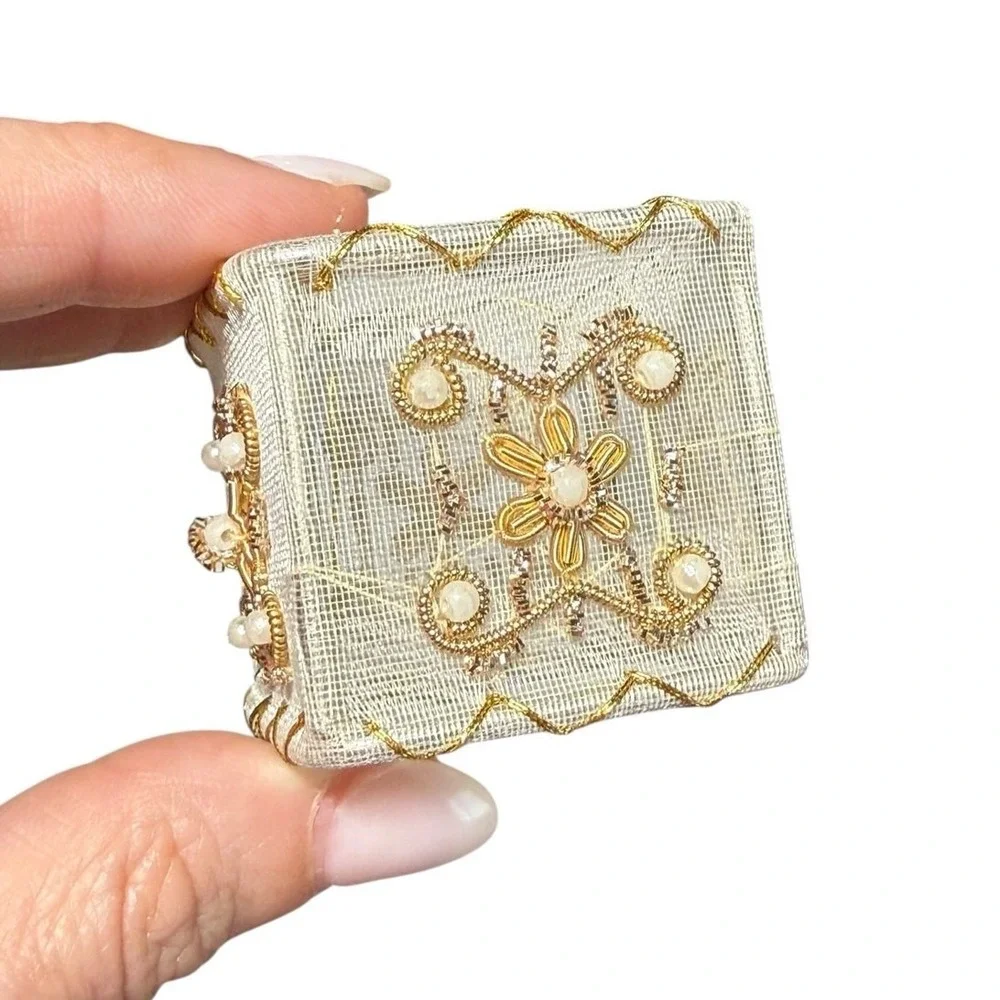 Pier 1 Imports Napkin Rings‎ Set of 4 Beaded Faux Pearl Gold Mesh Square Ornate